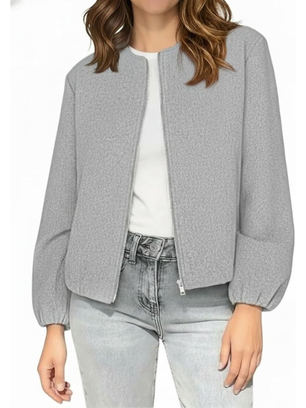Women's Wool Blend Bomber Jackets Cropped Zip Up Hoodless with Pockets Grey